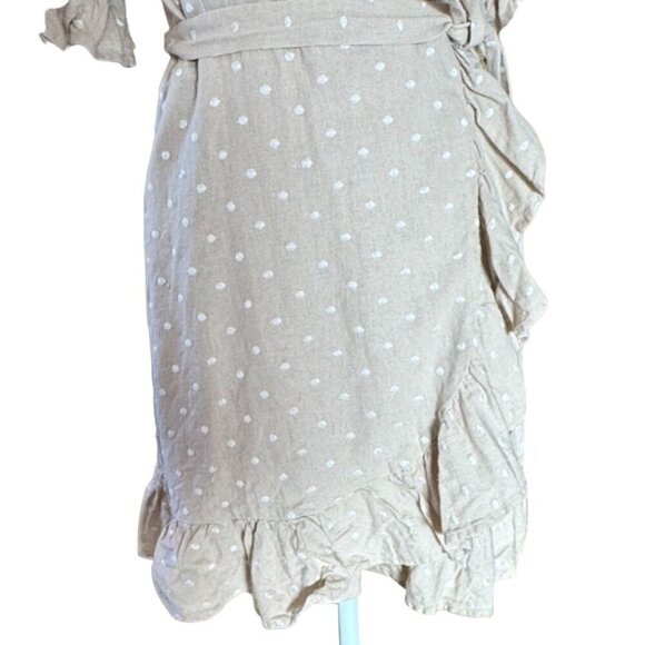 WAYF Womens L Ruffle Wrap Dress Polka Dot Linen Summer Classic Minimalist - Picture 5 of 14